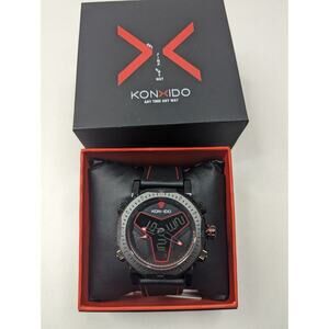 KONXIDO Mens Black and Red Leather Band Analog Quartz Watch KO6341